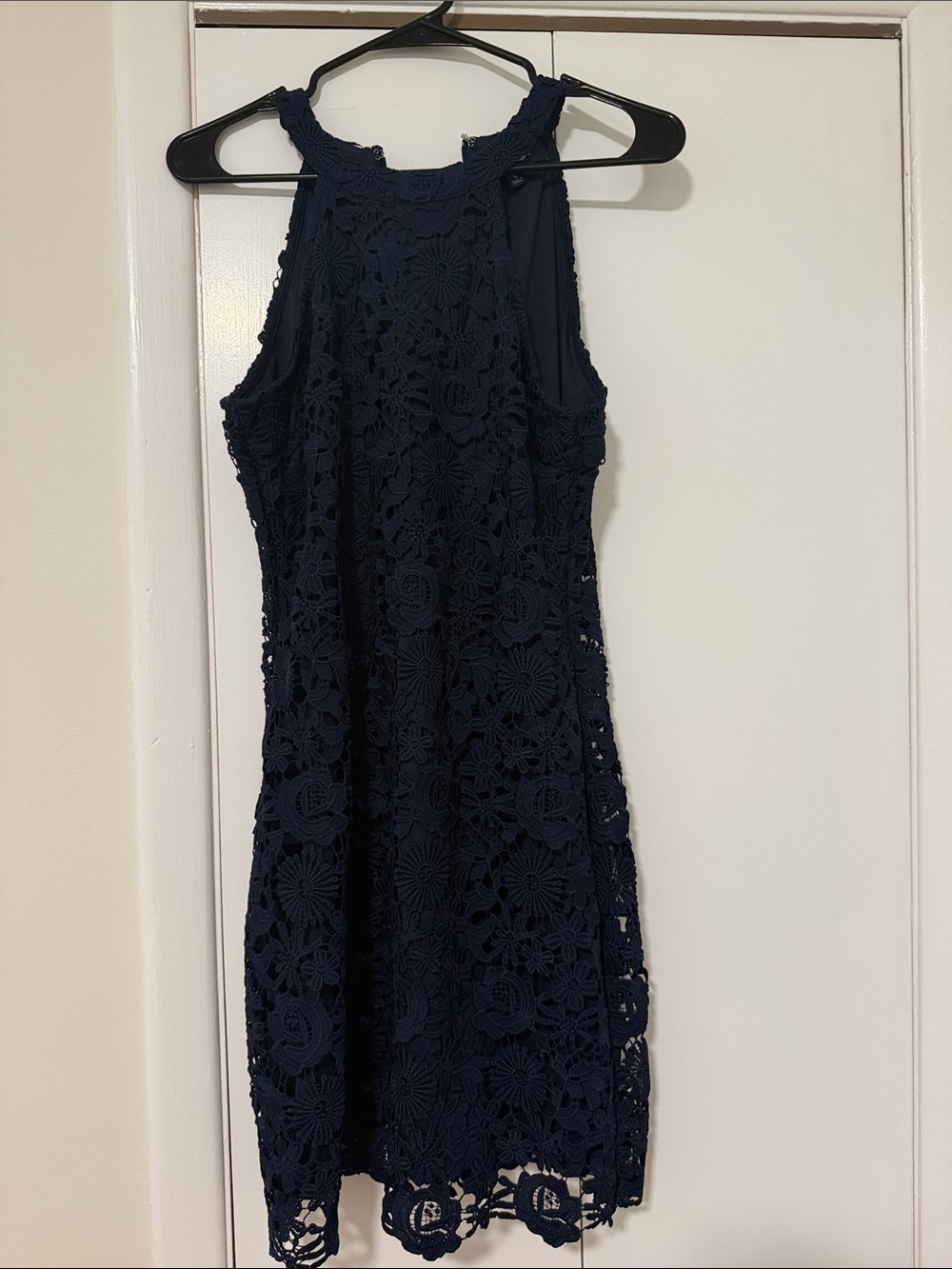 Lulu's Navy Crochet Lace Halter Mini Dress Romance language